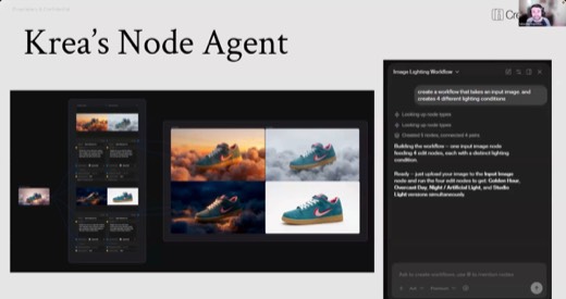Krea's Node Agent demo: chat-built "Image Lighting Workflow" producing 4 lighting variants of a sneaker