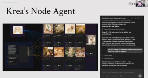 Node Agent demo (cont.), agent building Stage 1 (LLM + Line Splitter) and Stage 2 (edit nodes wired to splitter)
