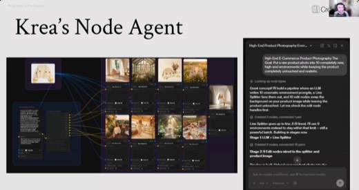Node Agent demo (cont.), user asks agent to arrange/group nodes; agent tidies into 3 sections