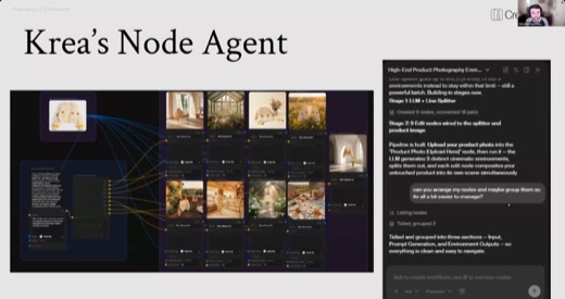 Node Agent demo (cont.), grouped/tidied node layout with chat log visible