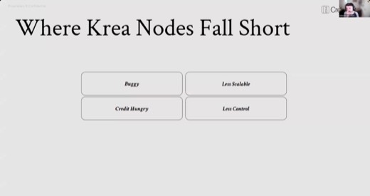 Slide: "Where Krea Nodes Fall Short": Buggy, Less Scalable, Credit Hungry, Less Control
