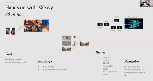 Slide: "Hands on with Weavy, 60 mins": activity brief with goal, tools/info, deliverables, example node workflows (skate, zen garden, phone video...