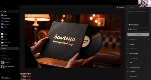 Krea Edit tool, bardetta vinyl record mockup image, AI Edit panel with Nano Banana 2 model