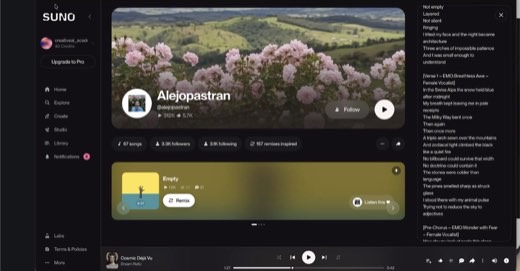 Suno example track "Cosmic Déjà Vu" by Alejopastran (style: "EMO Breathless Awe + Female Vocals"; artist has 67 songs / 3.5K followers). Lyrics...