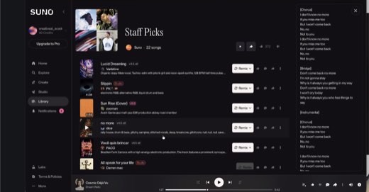 Suno "Staff Picks" (22 songs): the curated list Tony pointed to for "what good looks like." Tracks incl. Lucid Dreaming (Verbtone), Slippin', Sun...