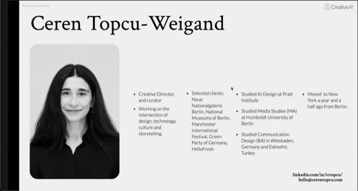 Title slide introducing guest speaker Ceren Topcu-Weigand, a Creative Director and curator, with her headshot and bio bullets on clients and education.