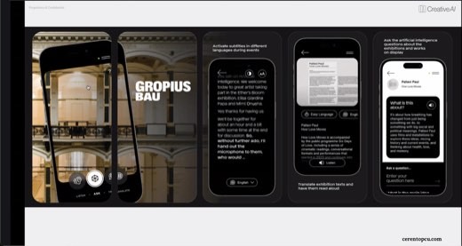 A slide showing mock smartphone screens for a museum app called Gropius Bau that offers live-translated subtitles, easy-language text, and an AI Q&A assistant for...