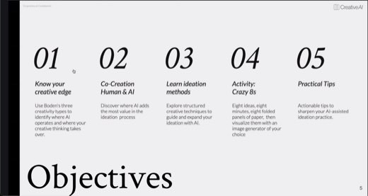 Slide listing five session objectives numbered 01 through 05: Know your creative edge, Co-Creation Human & AI, Learn ideation methods, Activity Crazy 8s, and...