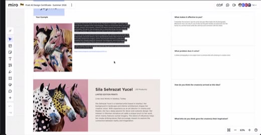 A Miro board titled "Pratt AI Design Certificate - Summer 2026" reviewing AI-generated horse artwork by artist Sila Sehrazat Yucel, with discussion notes on what...