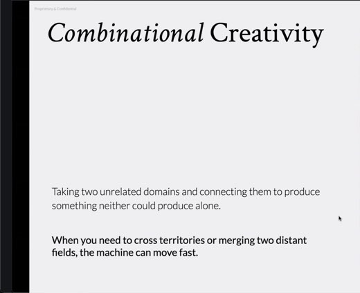 Slide titled "Combinational Creativity" defining it as taking two unrelated domains and connecting them to produce something neither could alone.