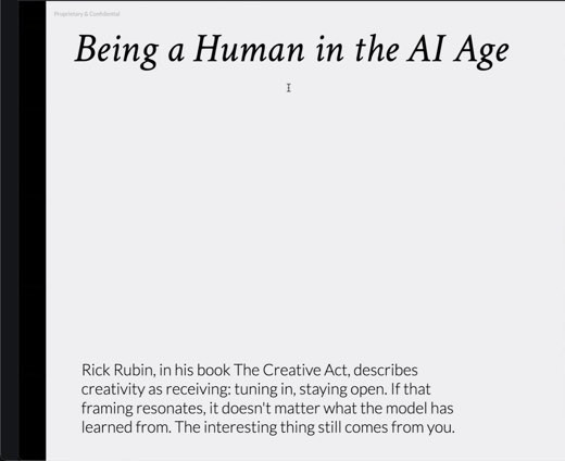 A slide titled "Being a Human in the AI Age" quoting Rick Rubin's book The Creative Act on creativity as receiving and tuning in.
