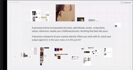 A slide describing building a personal archive of old works, sketchbooks, and references as a blueprint of creative identity to check AI output against.