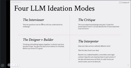 Slide titled "Four LLM Ideation Modes" describing The Interviewer, The Critique, The Designer + Builder, and The Interpreter prompting approaches.