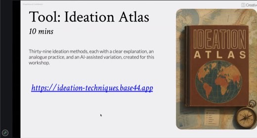 A slide titled "Tool: Ideation Atlas" describing thirty-nine ideation methods with a link to ideation-techniques.base44.app, next to a mock antique atlas book cover.