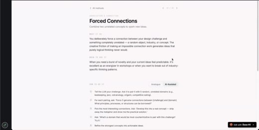 A screen share of a "Forced Connections" ideation method page describing combining two unrelated concepts to spark new ideas, with what-it-is and when-to-use-it sections.