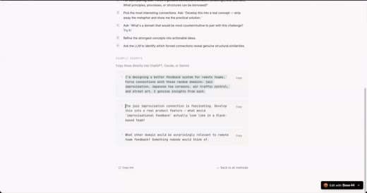 A continuation of the "Forced Connections" method page showing numbered AI-assisted steps and three copyable example prompts for ChatGPT, Claude, or Gemini.