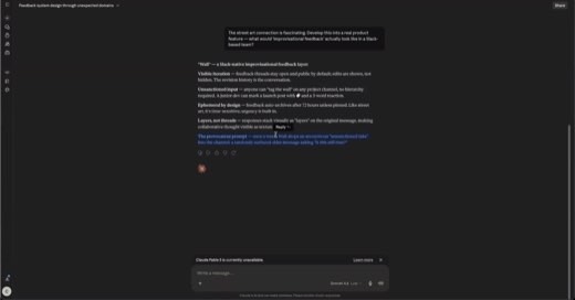 A screenshot of an AI chat titled "Feedback system design through unexpected domains" proposing a Slack-native improvisational feedback feature called "Wall.".