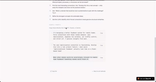 Screenshot of a web tool showing forced-connection brainstorming instructions and copyable example prompts pairing a design challenge with random domains like jazz...