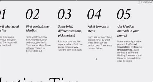 A slide listing five numbered ideation tips for prompting AI, including showing it examples, giving context first, and naming specific ideation techniques.
