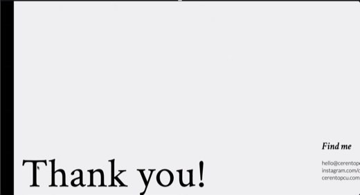 A closing "Thank you!" slide from guest speaker Ceren Topcu's presentation with her contact email and social handles.