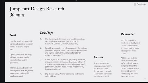 A slide titled "Jumpstart Design Research" outlining a 30-minute exercise to use AI prompts for exploring creative research directions from a project brief.