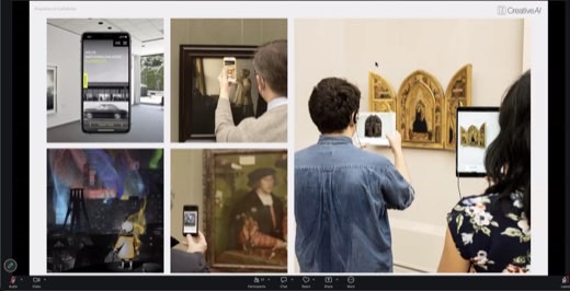 Slide: museum AR / digital work: Gropius Bau wayfinding app, interactive interfaces w/ QR codes, speech translation.