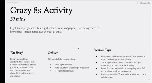 ⭐ Slide: Crazy 8s Activity (20 min): 8 ideas, 8 minutes, 8 panels; Brief / Deliver / Tips.