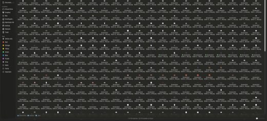 A macOS Finder window showing hundreds of unsorted screenshot files spanning 2025 to 2026, viewed in a dense icon grid.
