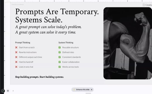 Slide: "Prompts Are Temporary. Systems Scale.": prompt thinking vs system thinking checklist.