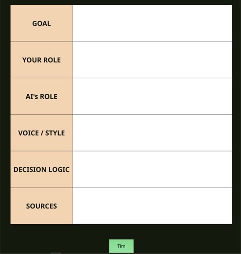 Miro board template repeating the system nucleus table, Goal, Your Role, AI's Role, Voice/Style, Decision Logic, Sources, left blank with a single name sticky note...
