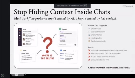 ⭐ Slide: "Stop Hiding Context Inside Chats": context gets trapped in email, Slack, ChatGPT chats, meeting notes, random docs. "Context trapped in...