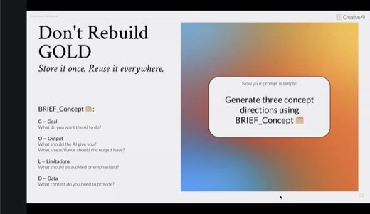 ⭐ Slide: "Don't Rebuild GOLD": G Goal, O Output, L Limitations, D Data. Saved BRIEF_Concept makes the prompt one line.