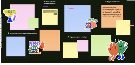 Miro board: "4. Review Your Results" share-out: biggest bottleneck, most valuable recommendation, one improvement this week. Timer set by Tony.