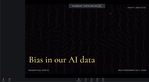 Title slide: "Bias in our AI data" full screen. Generated.Earth, Wouter Oomen July 2026, Pratt Institute.