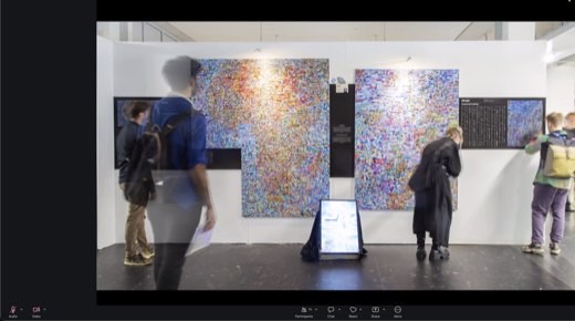Photo slide: gallery exhibition of the giant Generated.Earth map panels, visitors viewing.