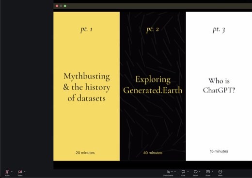 ⭐ Slide: workshop outline, 4 parts: pt 1 Mythbusting & the history of datasets (20 min), pt 2 Exploring Generated.Earth (40 min), pt 3 Who is...