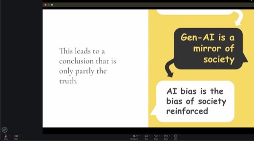 Slide: "This leads to a conclusion that is only partly the truth": AI bias is the bias of society reinforced. The oversimplification Wouter...