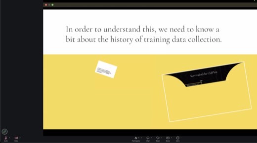 Slide: "In order to understand this, we need to know a bit about the history of training data collection" (the "Survival of the CLIP'est" envelope...