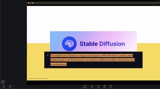 Slide: Stable Diffusion GitHub quote highlighted: trained on large-scale dataset LAION-5B, contains adult material, not fit for product use...