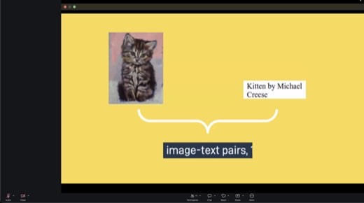 Slide: single kitten painting bracketed with its caption "Kitten by Michael Creese" = one image-text pair.