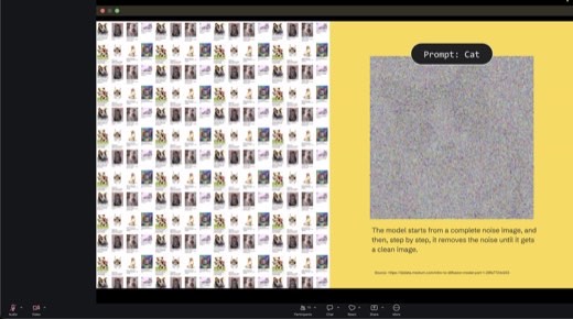 Slide: wall of captioned cat images + Prompt: Cat noise square. Enough pairs teach the model to find the cat shape in noise.