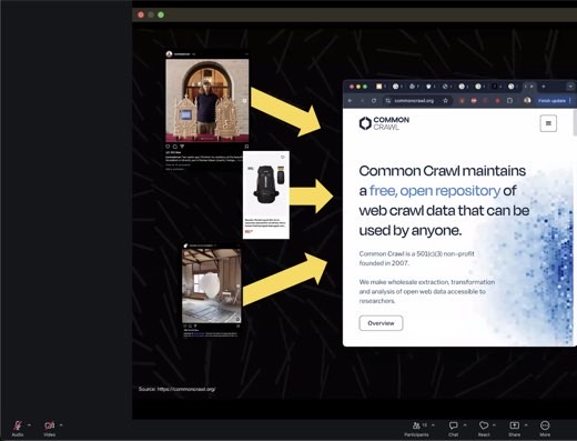 Slide: Common Crawl: free open repository of web crawl data, arrows feeding in from all those scraped sources.
