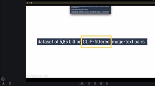 LAION sentence, "CLIP-filtered" boxed. The last phrase, and the magic ingredient.