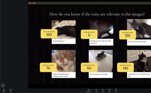 Slide: relevance scores: CLIP judging the six cat photos (scores 100, 5, 120, 70, 50, 140). All CLIP does is score how relevant text is to image.