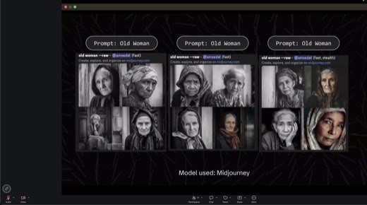 ⭐ Slide: Midjourney "old woman" prompt, three runs: consistently black and white, weathered, impoverished portrayals. Model used: Midjourney.