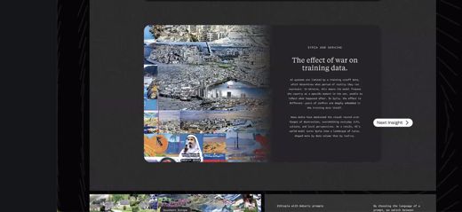 A split insight card comparing AI generated map tiles of Syria and Ukraine, one showing rubble and the other intact buildings.