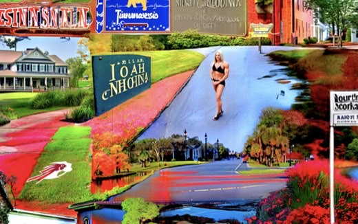 Heavily distorted, glitch-filled AI-generated collage combining suburban street signage and real estate imagery with a photorealistic AI-generated figure in athletic...