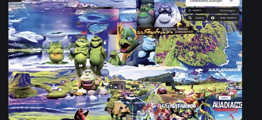 A grid of AI-generated map tiles over Iceland shows green troll and ogre figures collaged across nearly every image.