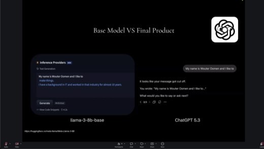 ⭐ Slide: "Base Model VS Final Product": llama-3-8b-base raw completion vs ChatGPT 5.3 chat answer, same input. The cake vs the sprinkles.