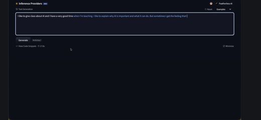 A text box shows the base model continuing the sentence I like to give class about AI into several more sentences about teaching.